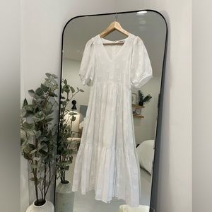 Madewell Dot Jacquard Puff-Sleeve Tiered Midi Dress